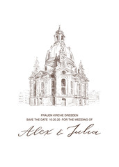 Wedding card with Frauenkirche Church in Dresden sketch. Invitation template. Vector architecture background. Hand drawn illustration and typography lettering poster, perfect for kraft paper print
