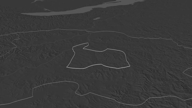 Darhan-Uul, municipality with its capital, zoomed and extruded on the bilevel map of Mongolia in the conformal Stereographic projection. Animation 3D
