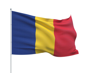 Waving flags of the world - flag of Romania.  Isolated on WHITE background 3D illustration.