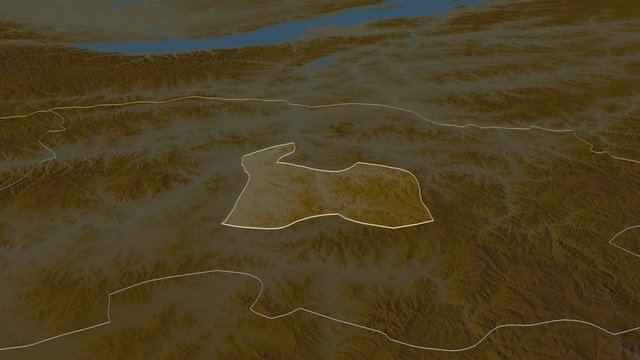 Darhan-Uul, municipality with its capital, zoomed and extruded on the relief map of Mongolia in the conformal Stereographic projection. Animation 3D