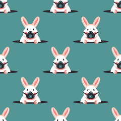 Seamless pattern with rabbits in respirators. Vector flat illustration.