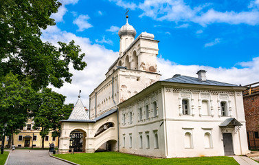Fototapeta na wymiar Bell gable of St. Sophia Cathedral at the Kremlin of Veliky Novgorod in Russia