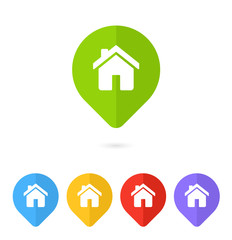 Pin icon. Pointer vector. Pin with home symbol. Location icon. Ui icon. Map pointer. Marker sign with house. Vector illustration.
