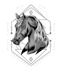 Horse head in ornament.