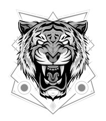 Tiger logo. Black white illustration of a tiger head. Portrait of a predator. Tattoo wild cats.