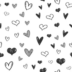 Heart doodles seamless pattern. Love illustration hearts hand drawn background.