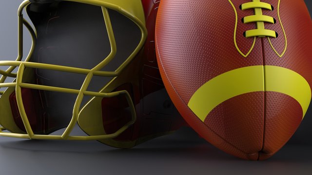 American football Red-Yellow helmet and Ball with dark black toned foggy smoke under black-white laser lighting. 3D illustration. 3D high quality rendering.