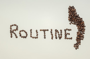 Coffee bean writing the word "Routine" with a white background