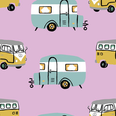 Seamless repeat retro campervan. Vintage bus wagon seamless pattern with pink background