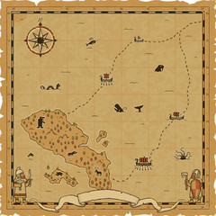 Vector Norse expedition map with a frame, viking warriors, a compass rose, an island, sea creatures, ships, an island, a whale, a Kraken, a bear, a wolf, a boar, a sea serpent, a deer etc.