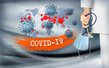 Coranavirus background with doctor holding a protective Medical Surgical Face mask and stethoscope. Disaster gloomy backdrop with virus COVID-19 moleculs. Vector