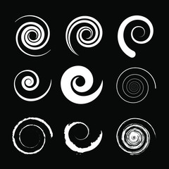 Set of white spiral shapes on a black background. Vector illustration. Trendy element for web pages, prints, textile, logo, geometric tattoo, pattern and template design