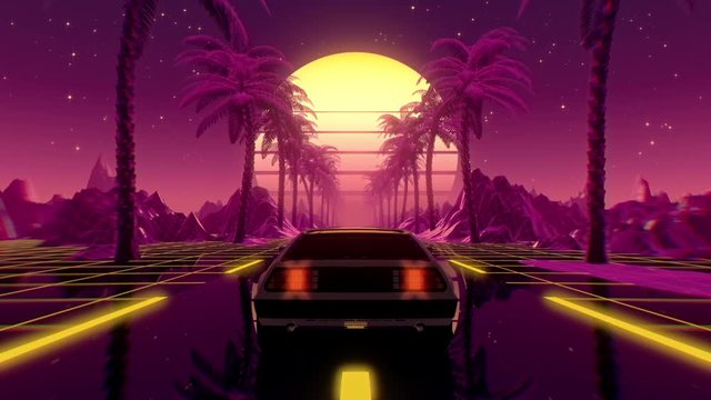 80s retro futuristic sci-fi seamless loop with vintage car. Riding in retrowave VJ videogame landscape, neon lights and low poly grid. Stylized cyberpunk vaporwave 3D animation background. 4K