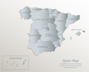 Spain map, administrative division with names, white blue card paper 3D vector