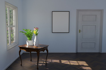 Vertical mock up poster frame in lounge room with white wooden door, white wooden window, dark walnut herringbone floor, antique cabriole table, and plants. 3D rendering..