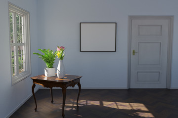 Horizontal mock up poster frame in lounge room with white wooden door, white wooden window, dark walnut herringbone floor, antique cabriole table, and plants. 3D rendering.