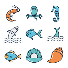Isolated sea animals fill style icon set vector design
