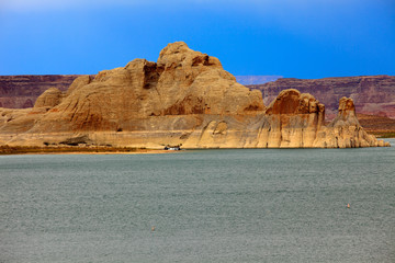 Fototapeta na wymiar Page, Arizona / USA - August 05, 2015: Panoramic view on famous lake Powell, Page, Arizona, USA