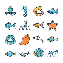 Isolated sea animals fill style icon set vector design