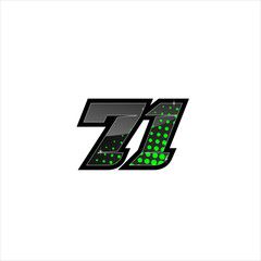 Vector Racing number 71, start racing number, sport race number with green black color and halftone dots style isolated on white background