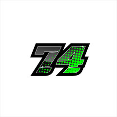 Vector Racing number 74, start racing number, sport race number with green black color and halftone dots style isolated on white background