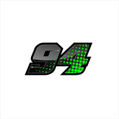 Vector Racing number 94, start racing number, sport race number with green black color and halftone dots style isolated on white background