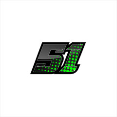 Vector Racing number 51, start racing number, sport race number with green black color and halftone dots style isolated on white background