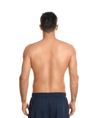 Fototapeta premium Man with healthy back on white background. Visiting orthopedist