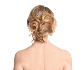 Fototapeta premium Beautiful woman with healthy blonde hair on white background, back view