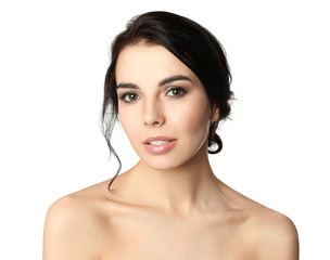 Obraz premium Portrait of young woman with beautiful hair on white background