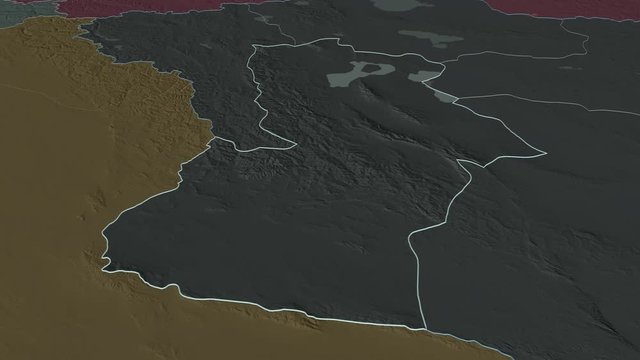 Hovd, province with its capital, zoomed and extruded on the administrative map of Mongolia in the conformal Stereographic projection. Animation 3D