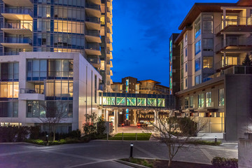 Fantastic night view at modern apartment or office buildings in Vancouver, Canada.