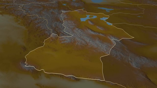 Hovd, province with its capital, zoomed and extruded on the relief map of Mongolia in the conformal Stereographic projection. Animation 3D
