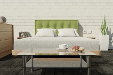 Loft bedroom interior with bed, glass table in front with coffee cup and donuts. Wooden floor and wall. 3d rendered interior.