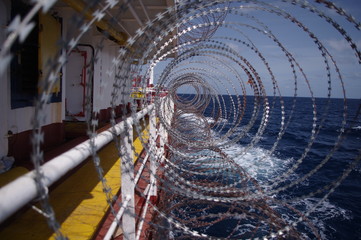 Razor wires on board the ship as anti piracy measure