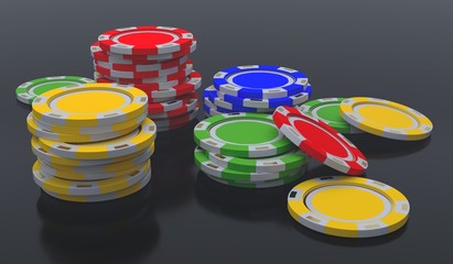 Stacks of poker chips 3d render illustration on a black background