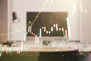 Multi exposure of abstract creative financial graph on modern computer background, forex and investment concept