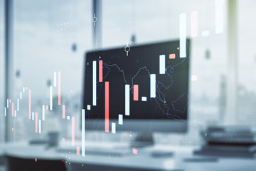 Multi exposure of abstract creative financial chart on computer background, research and analytics concept