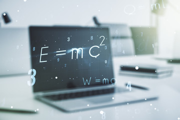 Creative scientific formula illustration on modern computer background, science and research concept. Multiexposure