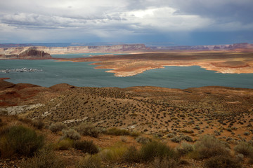 Page, Arizona / USA - August 05, 2015: Panoramic view on famous lake Powell, Page, Arizona, USA
