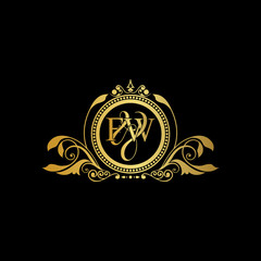 F & W / FW logo initial vector mark. Initial letter F and W FW logo luxury vector mark, gold color elegant classical symmetric curves decor.