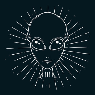 Hand drawn vector illustration with a Alien and divergent rays. Cartoon alien face. Alien head.