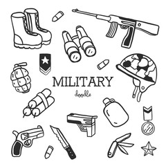 Hand drawing styles for Military items. Soldier doodle.