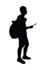 Young man with backpack silhouette vector