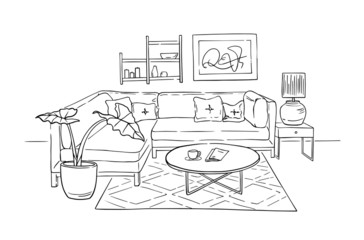 Relaxation place interior sketch with sofa, a plant in a pot, a modern lamp, small designer table and a painting on a wall.