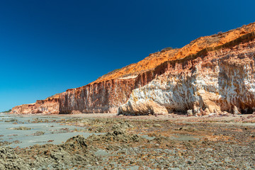 Fototapeta na wymiar Colorful sand cliffs at the paradisiacal Praia de Vila Nova, Icapui, Ceara, Brazil on September 6, 2016