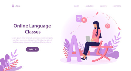Illustrated online language class concept with woman on laptop. Vector illustration