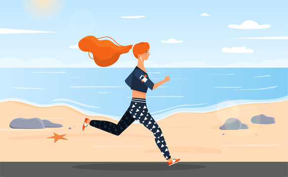 Illustrated red haired woman in fit wear running by the sea on sunny day. Vector illustration