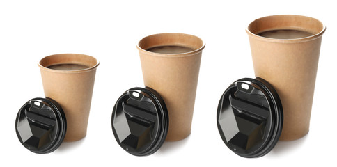 Different sized takeaway coffee cups on white background