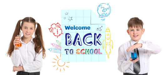Little children with laboratory glassware and text WELCOME BACK TO SCHOOL on white background